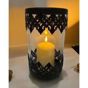 Hurricane Glass and Black Metal Lace Filigree Candle Holder, Ornate-Gothic 10.5”